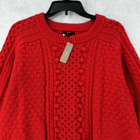 NWT J Crew Sweater Womens‎ LARGE Pom-Pom Cable-Knit Red Lambswool Luxury $98 - Picture 3 of 15